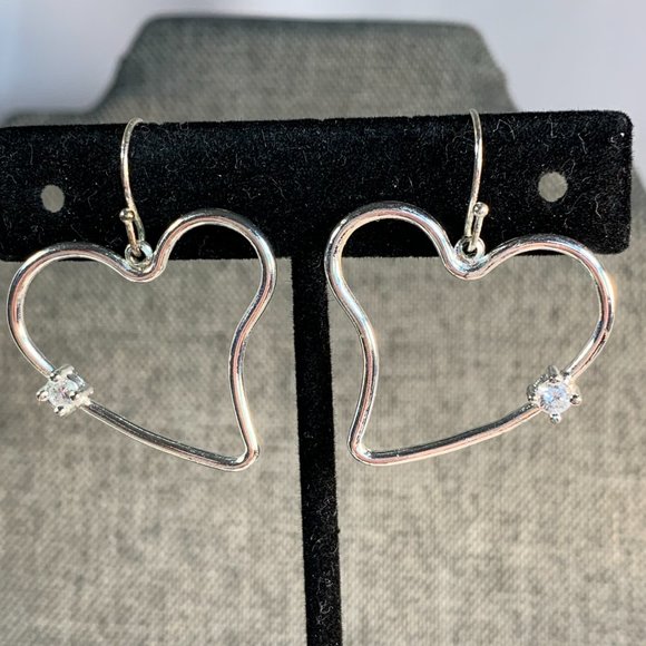 Sterling Heart Earrings With CZ Accent. 1-1/2" Drop x 1" Wide. (349) - Picture 2 of 3